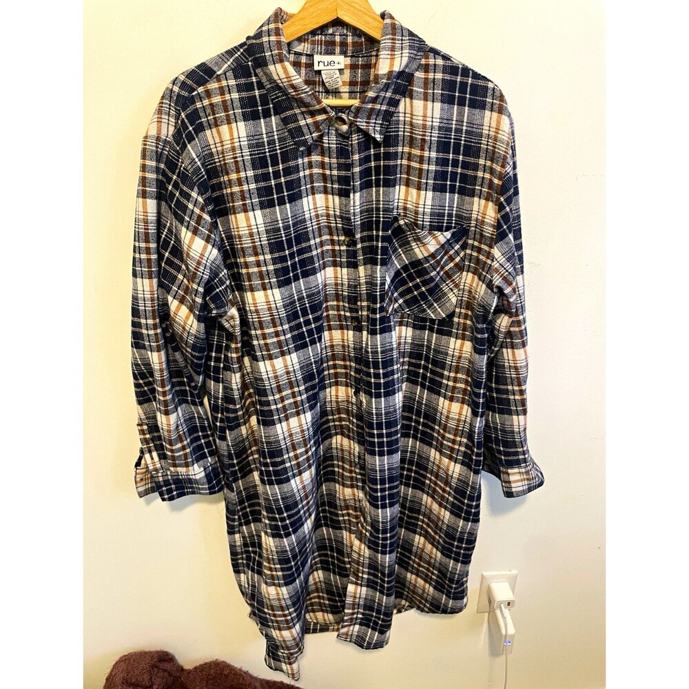 rue+ Women’s Plus 1X Blue White Brown Plaid Flannel Button-Up Long Sleeve